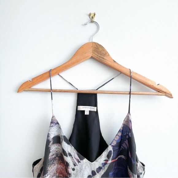 Lavender Brown 100% Silk Spaghetti Strap Racer Back Tank Top Black Abstract M - Picture 3 of 7